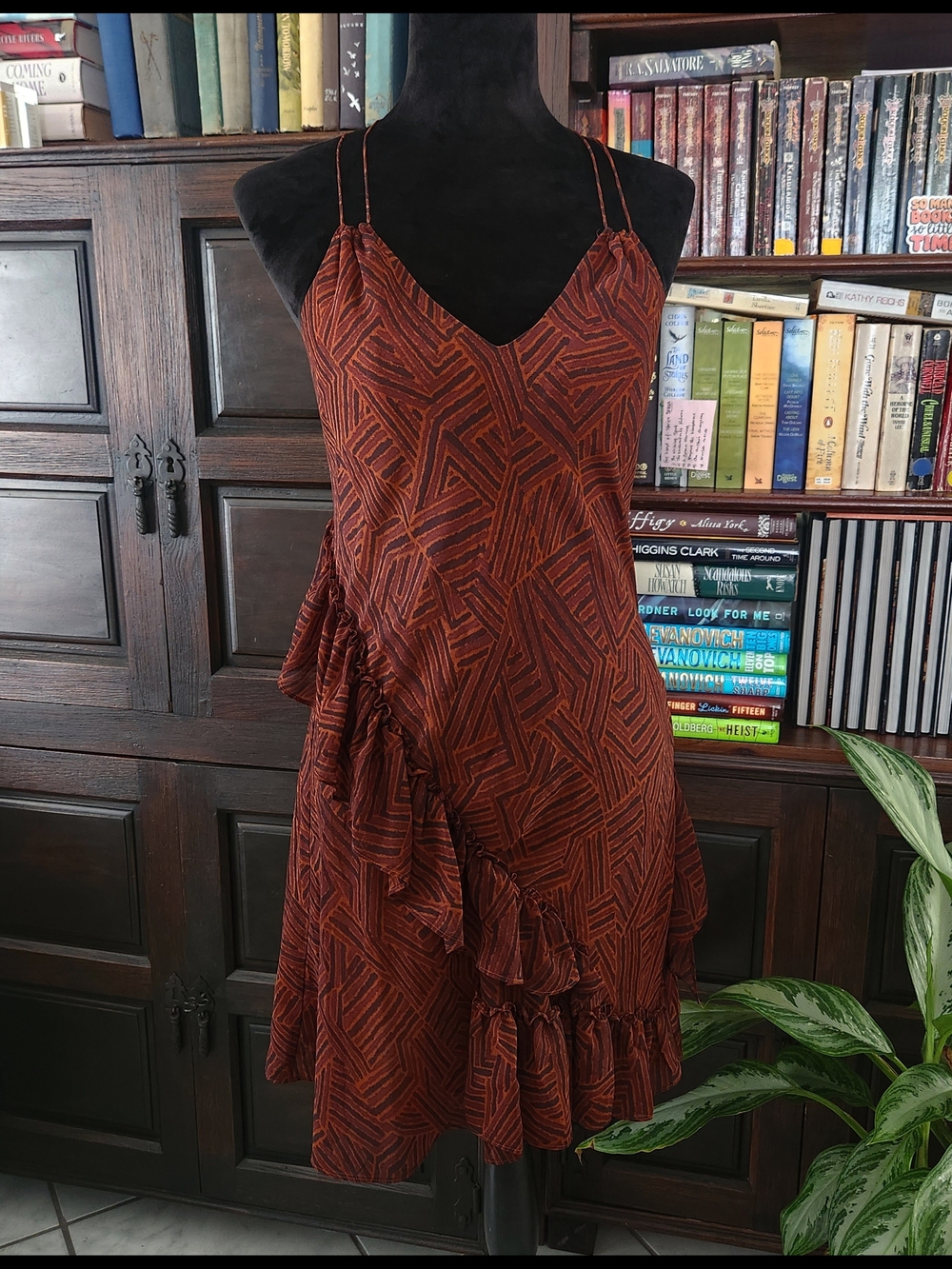 Moda International Rust Geometric Ruffle Slip Dress
